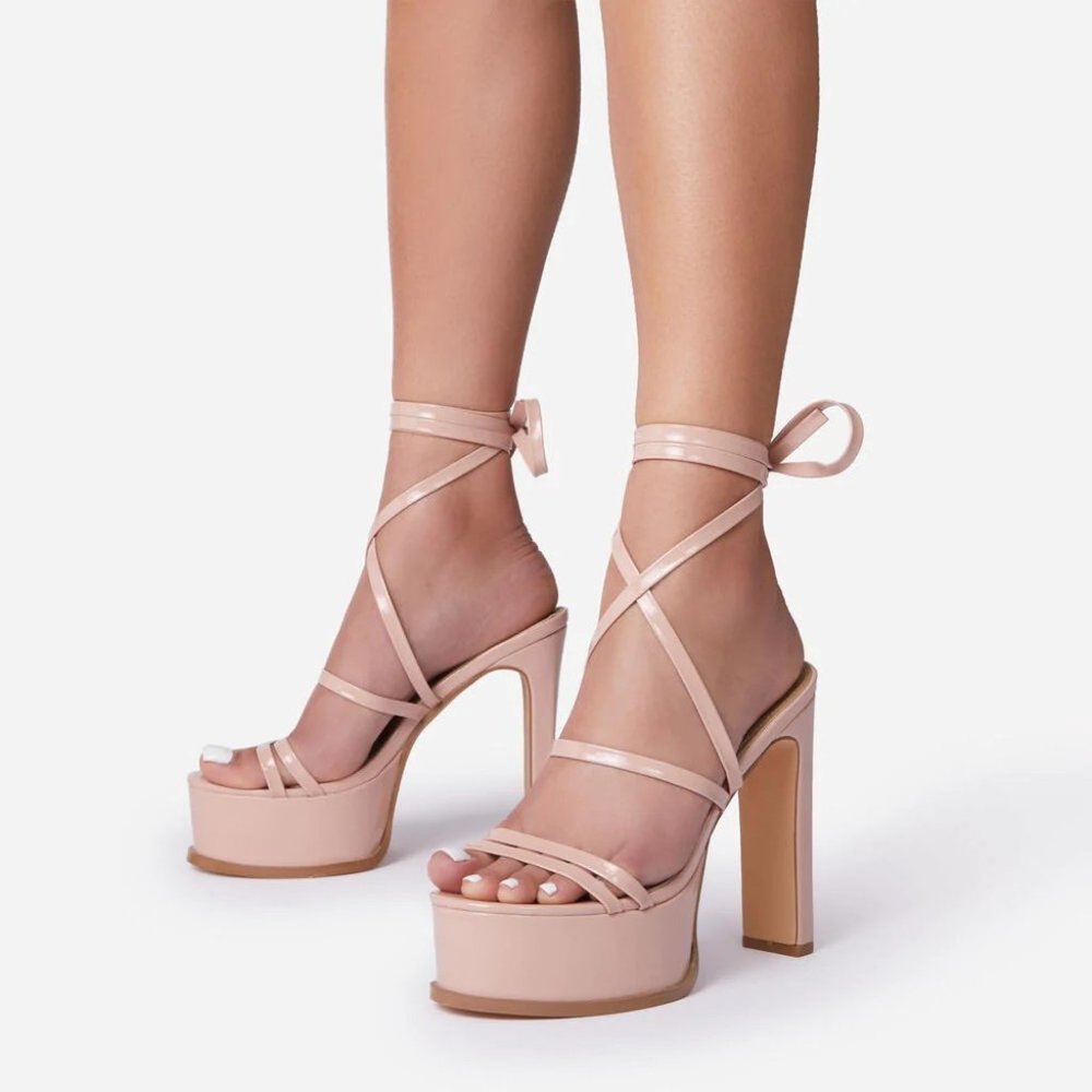 NEW Nude Lace Up Peep Toe Platform Thin Block Heels